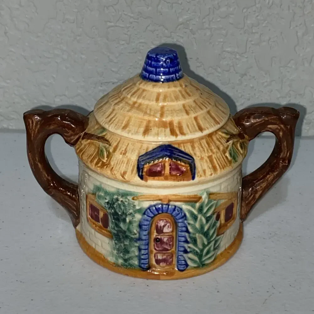 VTG Made In Occupied Japan Tea Set‎ Teapot Sugar Creamer Cottage Hut 3 Piece